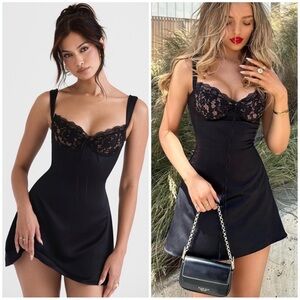 NWOT HOUSE OF CB 'Adriana' Black Satin And Lace Mini Dress sz M Plus Cup Tall